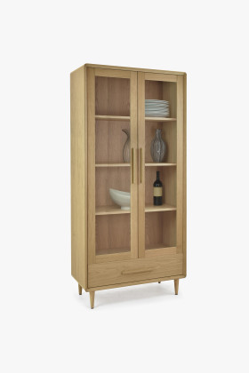 fehér tölgy 2 ajtós vitrines szekrény lábakon, skandináv design